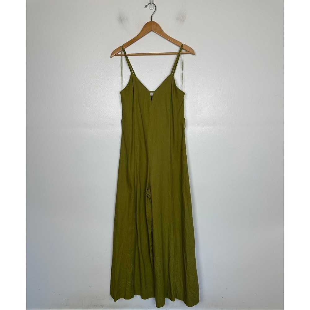 Zara Olive Green Linen Blend Wide Leg Jumpsuit Size S V-Neck Vacation Minimalist